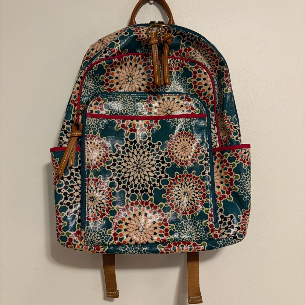 FOSSIL key per wax coated floral bright pink lined backpack camel leather